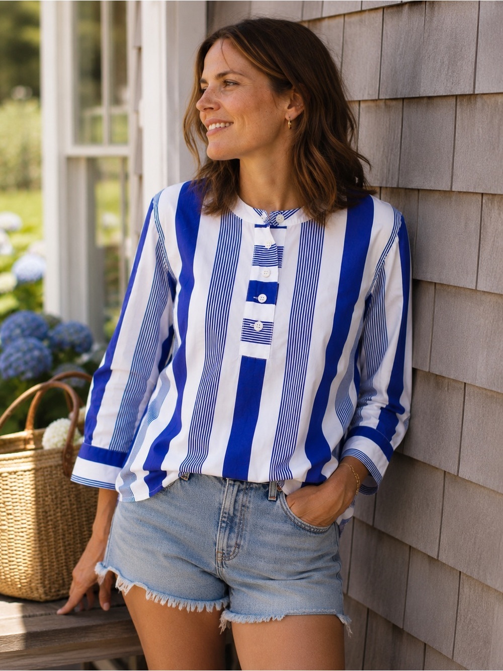 J Crew Button Front Cotton Poplin Tunic Top Womens Sz S Blue White Stripe Preppy